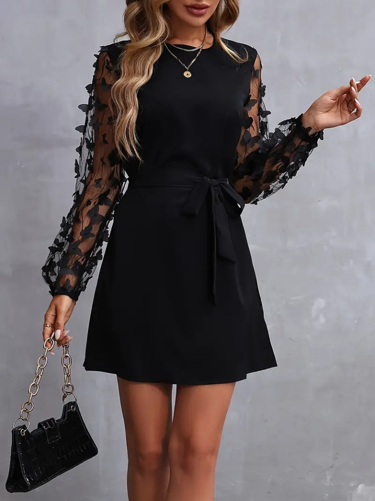 Kadın uzun kollu bisiklet yaka kollar tül kelebek detaylı ithal krep elbise