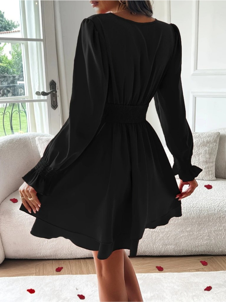 Kadın uzun kollu kruvaze yakalı mini sandy elbise