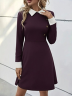 Kadın uzun kollu yakalı düğmeli mürdüm modal mini elbise