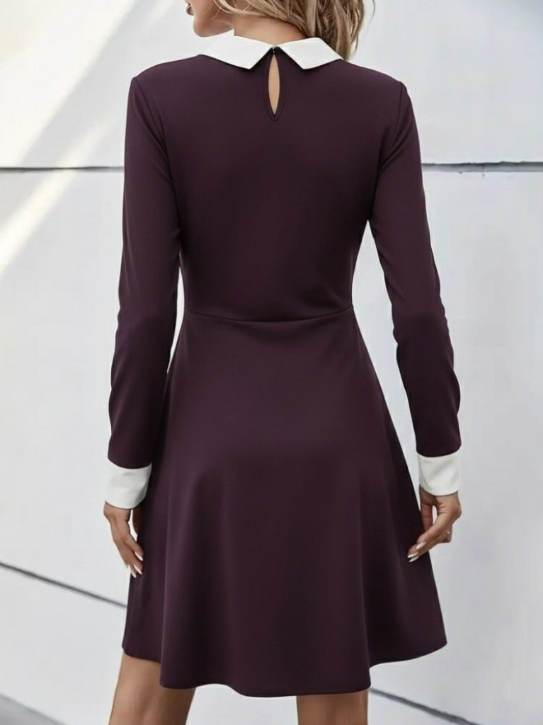 Kadın uzun kollu yakalı düğmeli mürdüm modal mini elbise