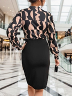 Kadın uzun kollu kruvaze yaka dijital baskılı fiyonk detay atlas kumaş elbise