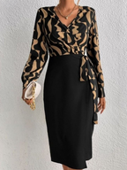 Kadın uzun kollu kruvaze yaka dijital baskılı fiyonk detay atlas kumaş elbise