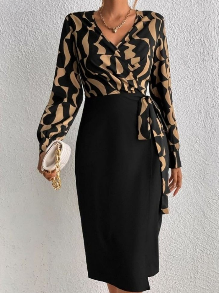 Kadın uzun kollu kruvaze yaka dijital baskılı fiyonk detay atlas kumaş elbise