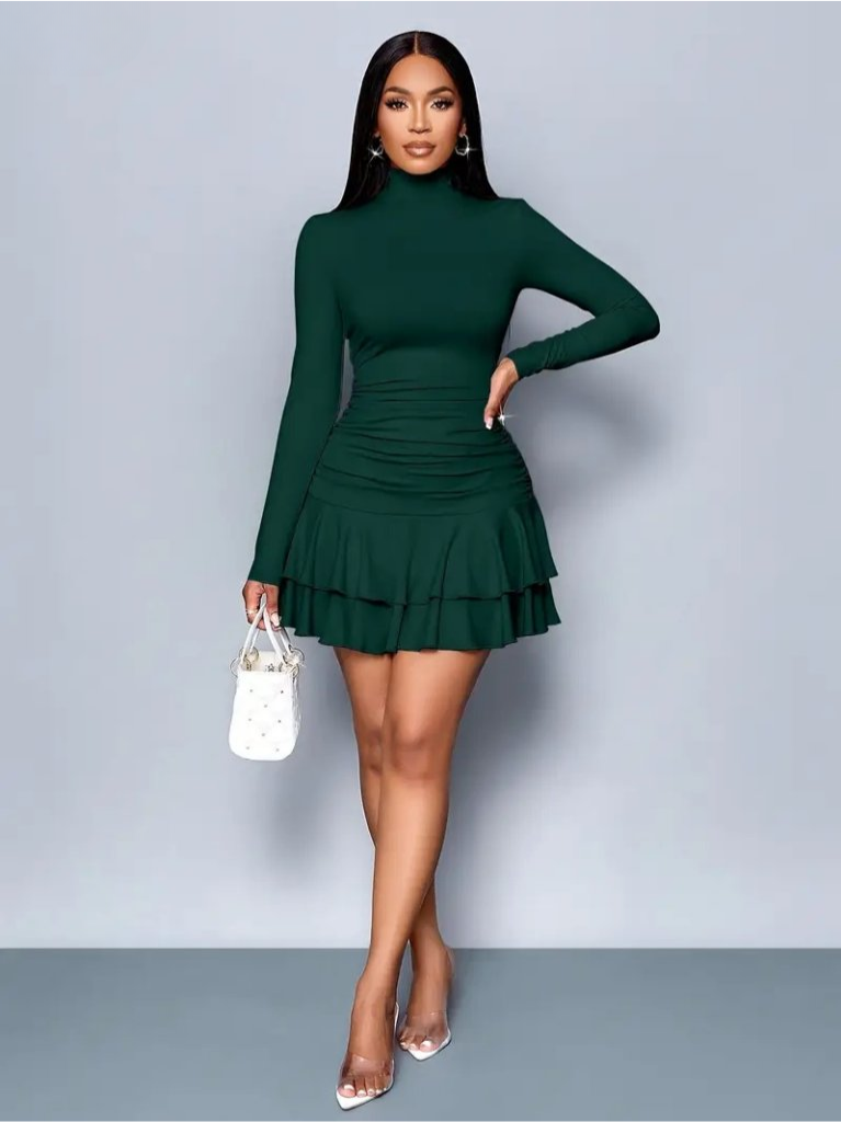 Kadın uzun kollu balıkçı yaka mini fırfırlı sandy elbise