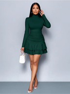 Kadın uzun kollu balıkçı yaka mini fırfırlı sandy elbise