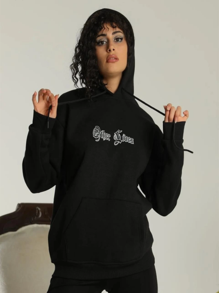 Oversize Üç İplik Şardonlu Kapüşonlu Sweatshirt Beyaz Other Lives Ön ve Arka Baskılı Kanguru Cepli Ribanalı Rahat Kışlık Model Beyaz