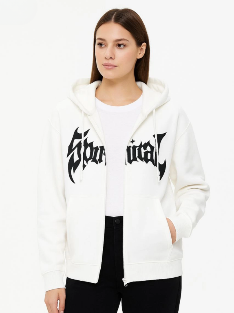 Oversize Kapüşonlu Sweatshirt Hoodie 3 İplik Şardonlu Pamuklu Kumaş Önü Baskılı Fermuarlı Rahat Kalıp Kışlık ve Sokak Stili Sweat Beyaz