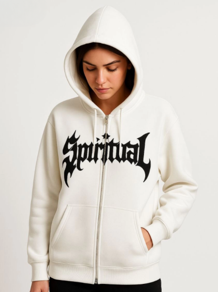 Oversize Kapüşonlu Sweatshirt Hoodie 3 İplik Şardonlu Pamuklu Kumaş Önü Baskılı Fermuarlı Rahat Kalıp Kışlık ve Sokak Stili Sweat Beyaz