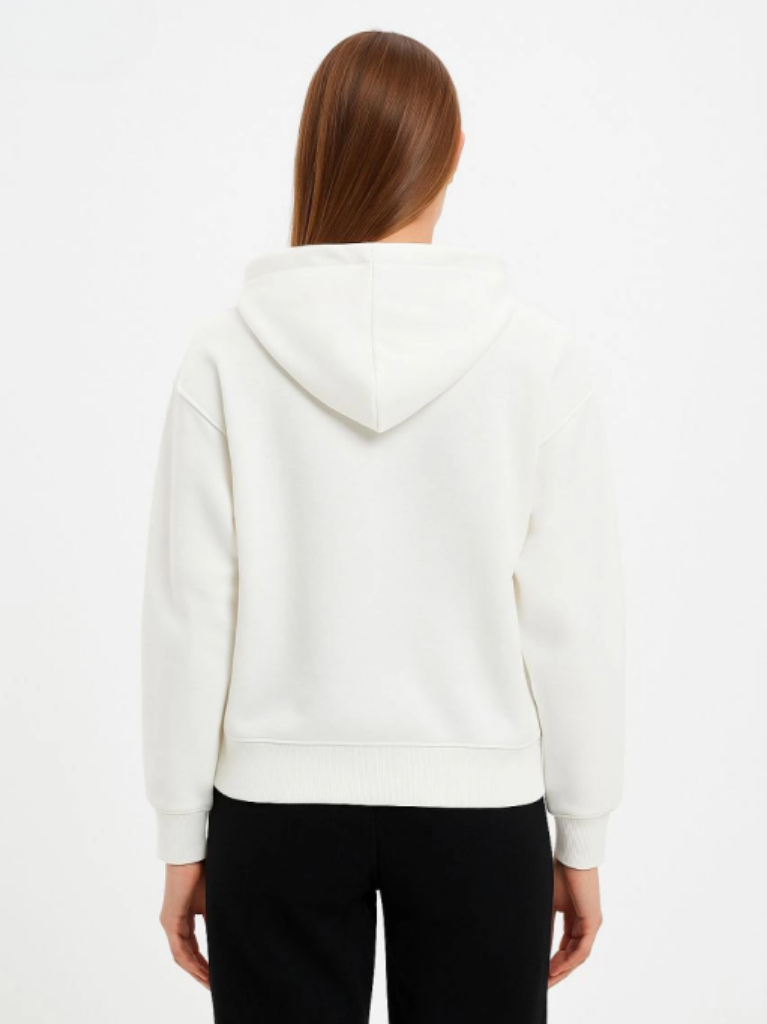 Oversize Kapüşonlu Sweatshirt Hoodie 3 İplik Şardonlu Pamuklu Kumaş Önü Baskılı Fermuarlı Rahat Kalıp Kışlık ve Sokak Stili Sweat Beyaz