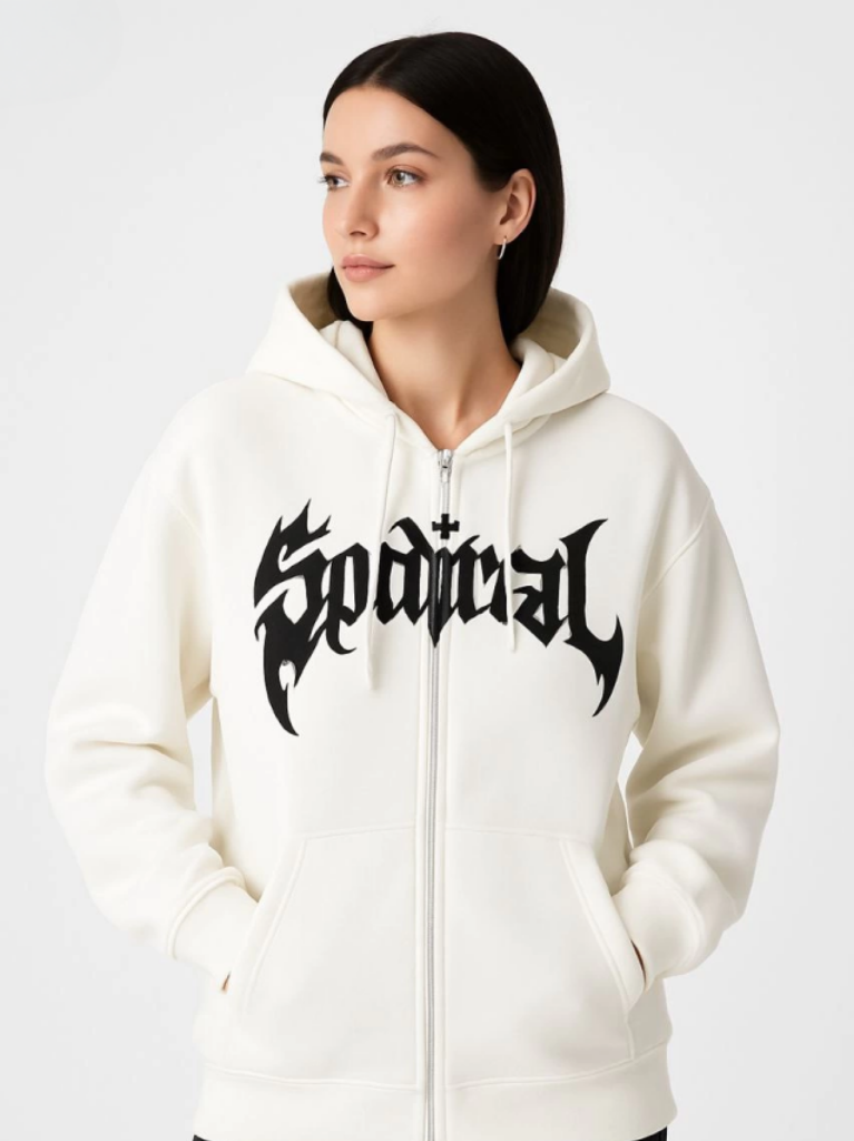 Oversize Kapüşonlu Sweatshirt Hoodie 3 İplik Şardonlu Pamuklu Kumaş Önü Baskılı Fermuarlı Rahat Kalıp Kışlık ve Sokak Stili Sweat Beyaz