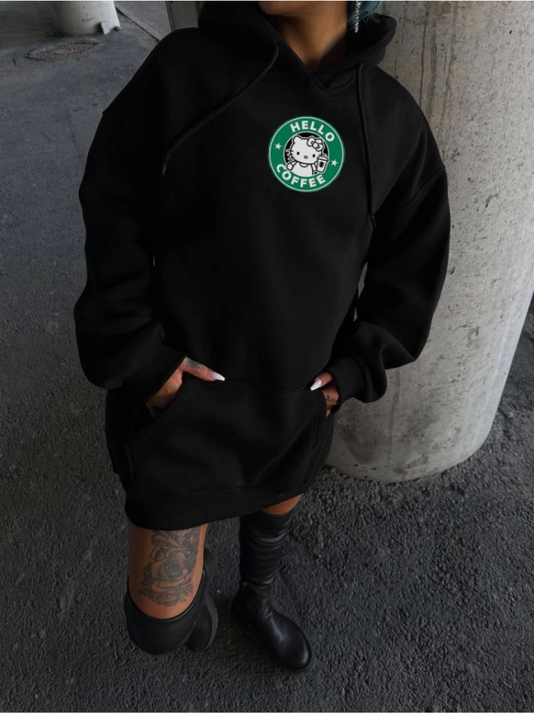 Üç İplik Penye Uzun Kol Kapşonlu SweatShirt Siyah