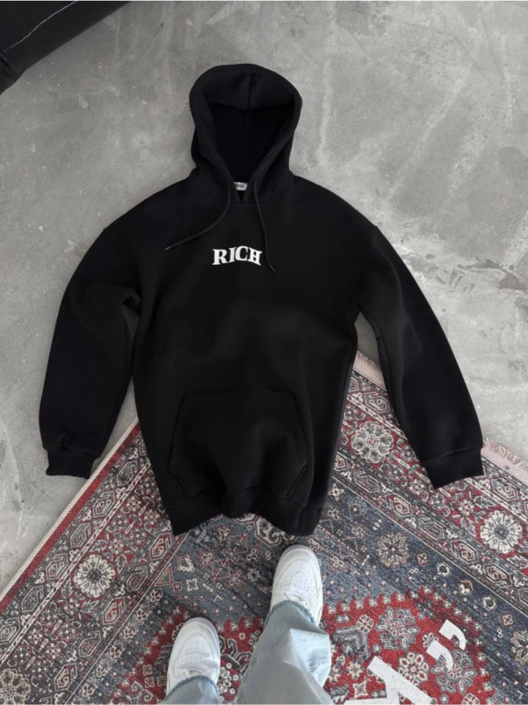 Uzun Kol Kapşonlu Göğüs Baskılı SweatShirt Beyaz