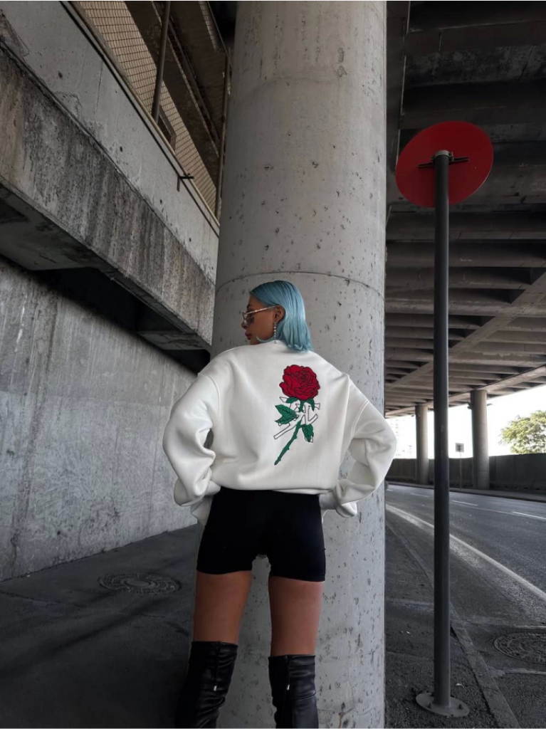 Oversize Üç İplik Bisiklet Yaka Baskılı SweatShirt Beyaz