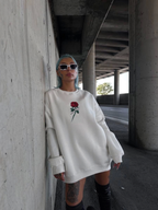 Oversize Üç İplik Bisiklet Yaka Baskılı SweatShirt Beyaz