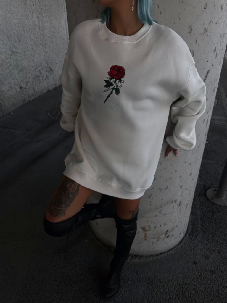 Oversize Üç İplik Bisiklet Yaka Baskılı SweatShirt Beyaz