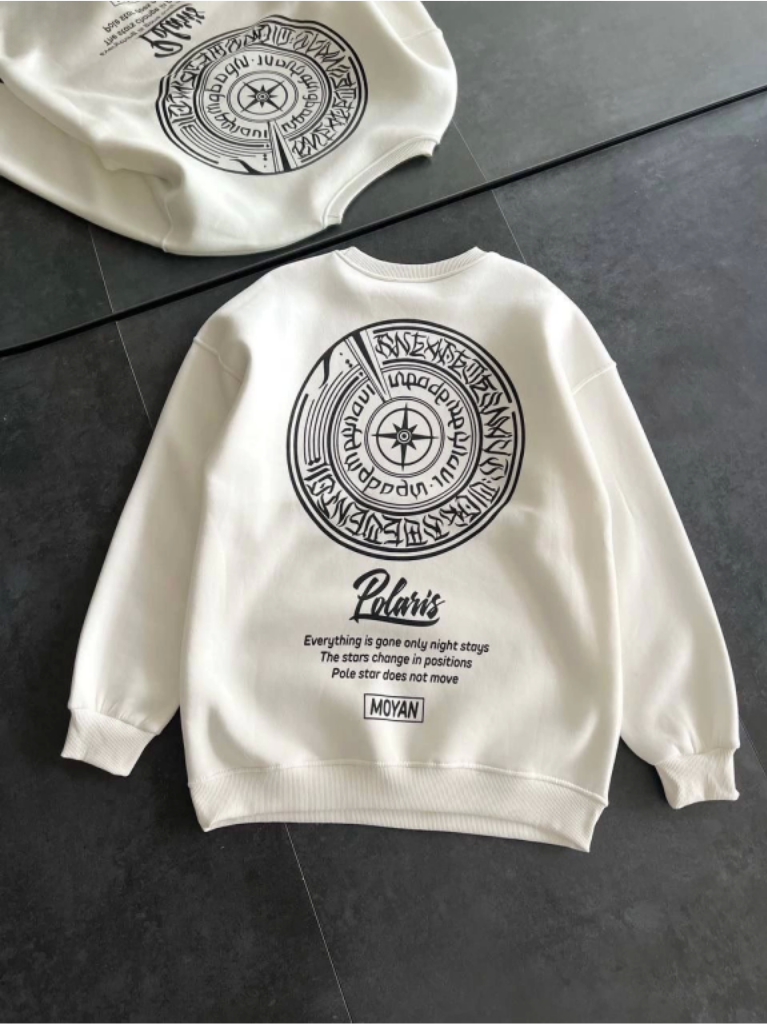 Kışlık Bisiklet Yaka Ön Ve Arka Baskılı SweatShirt Beyaz