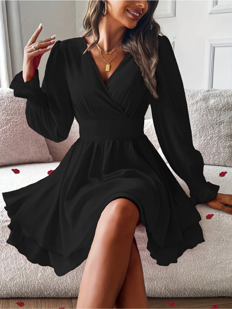 Kadın uzun kollu kruvaze yakalı mini sandy elbise