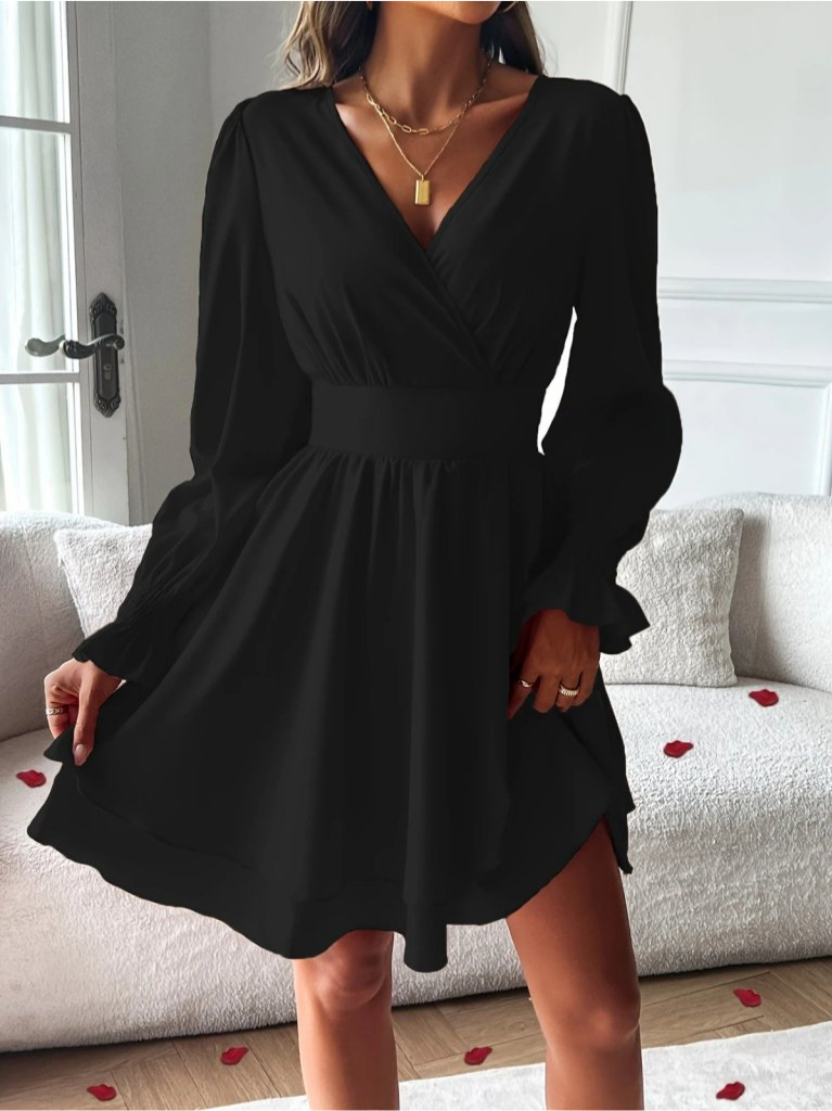 Kadın uzun kollu kruvaze yakalı mini sandy elbise