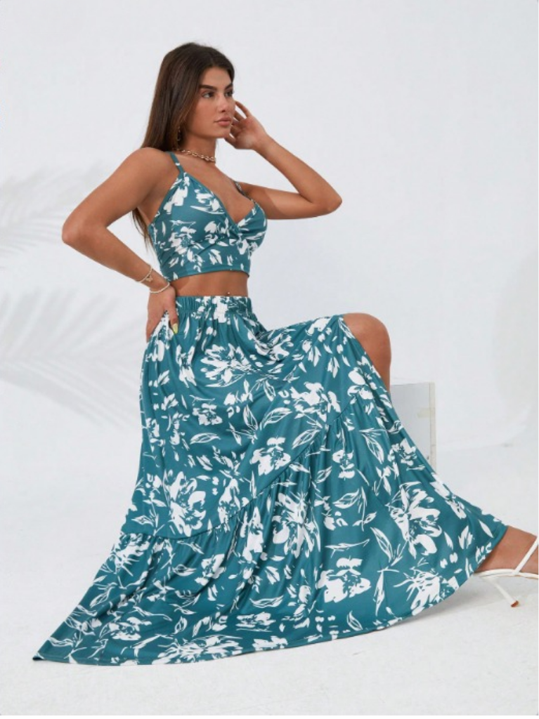 Kadın ince askılı çiçek baskı desenli crop yırtmaçlı etek ikili süprem takım