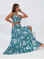 Kadın ince askılı çiçek baskı desenli crop yırtmaçlı etek ikili süprem takım