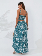 Kadın ince askılı çiçek baskı desenli crop yırtmaçlı etek ikili süprem takım