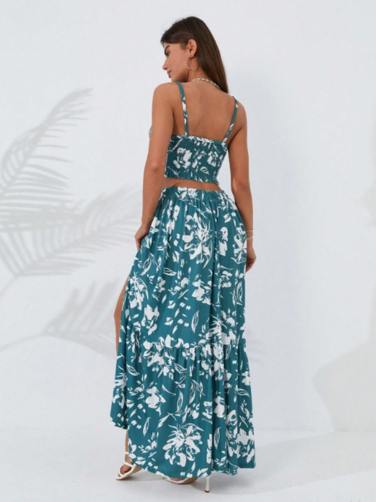 Kadın ince askılı çiçek baskı desenli crop yırtmaçlı etek ikili süprem takım