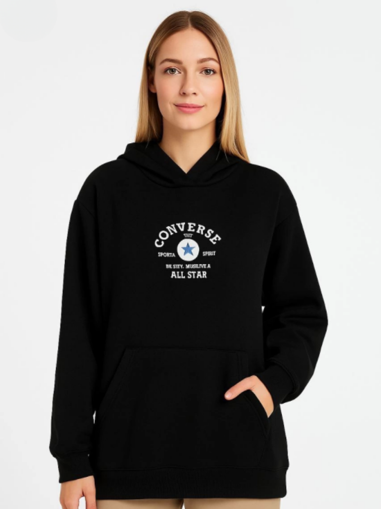 Üç İplik Kapşonlu ön ve Arka Baskılı SweatShirt hoodie Siyah