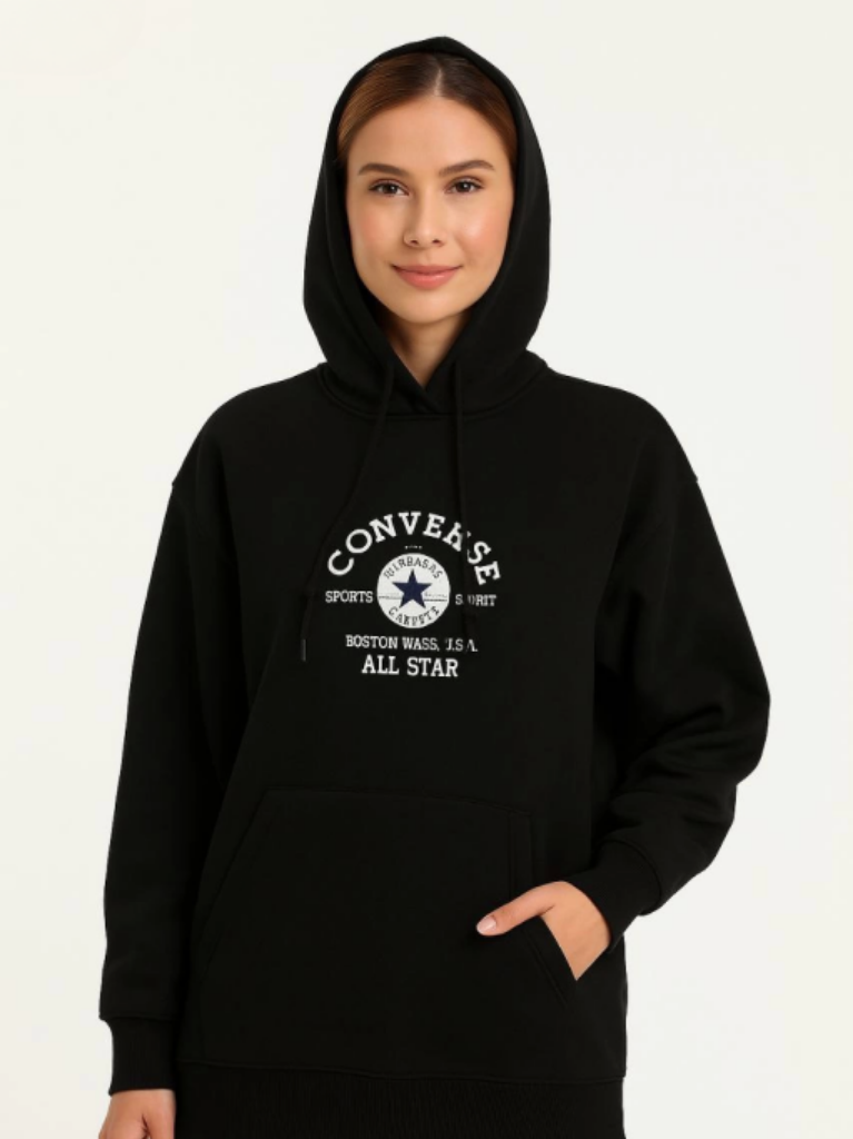 Üç İplik Kapşonlu ön ve Arka Baskılı SweatShirt hoodie Siyah