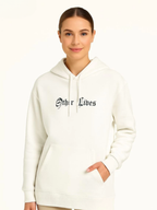 Oversize Üç İplik Şardonlu Kapüşonlu Sweatshirt Beyaz Other Lives Ön ve Arka Baskılı Kanguru Cepli Ribanalı Rahat Kışlık Model Beyaz