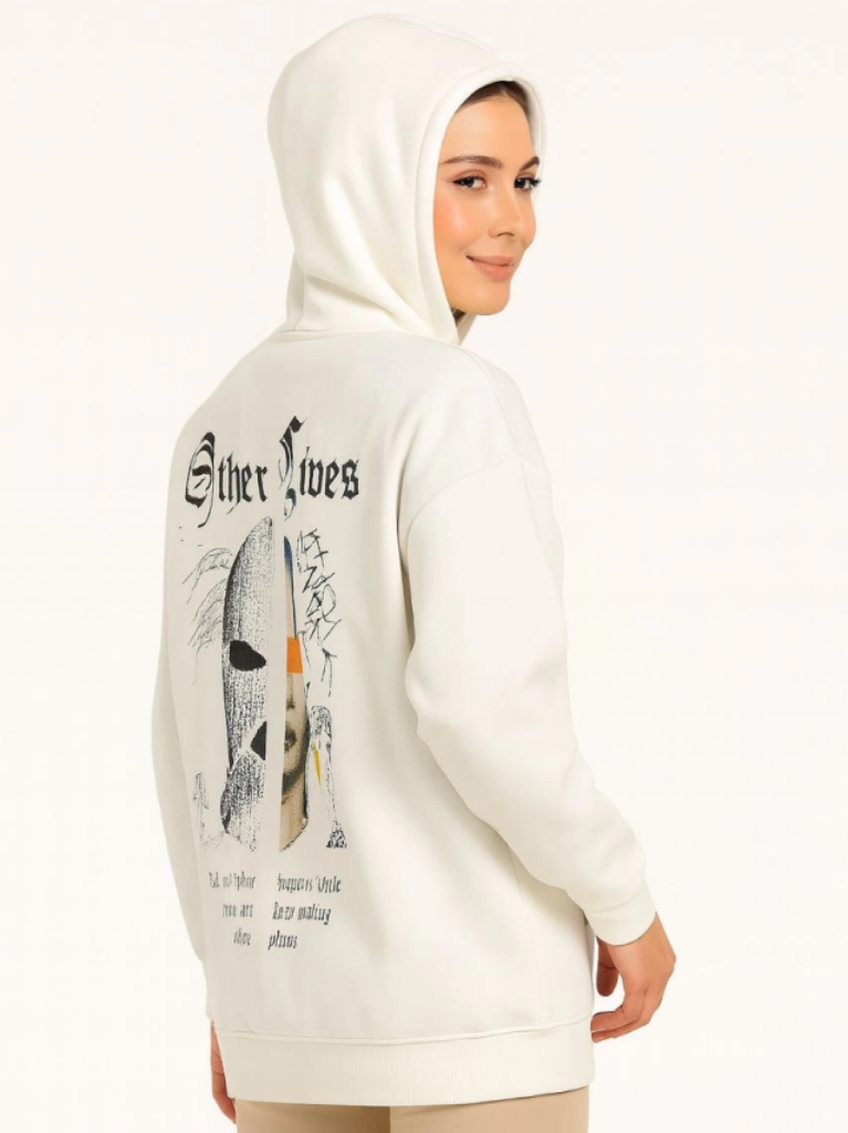 Oversize Üç İplik Şardonlu Kapüşonlu Sweatshirt Beyaz Other Lives Ön ve Arka Baskılı Kanguru Cepli Ribanalı Rahat Kışlık Model Beyaz