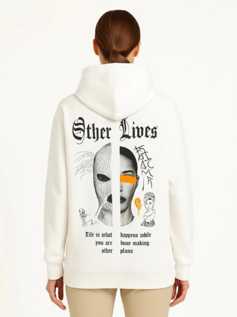 Oversize Üç İplik Şardonlu Kapüşonlu Sweatshirt Beyaz Other Lives Ön ve Arka Baskılı Kanguru Cepli Ribanalı Rahat Kışlık Model Beyaz