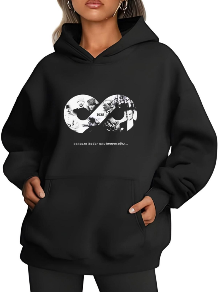 Üç İplik Kapşonlu 10 Kasıma Özel SweatShirt Siyah