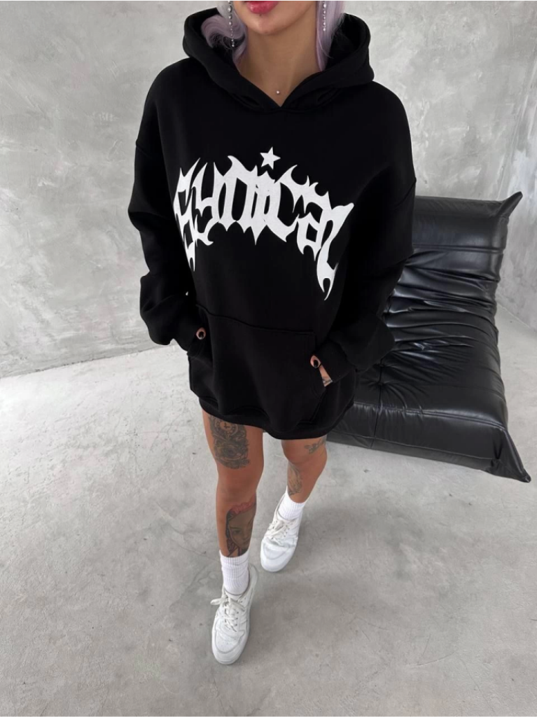 Unisex Üç İplik Kapşonlu Baskılı SweatShirt Siyah