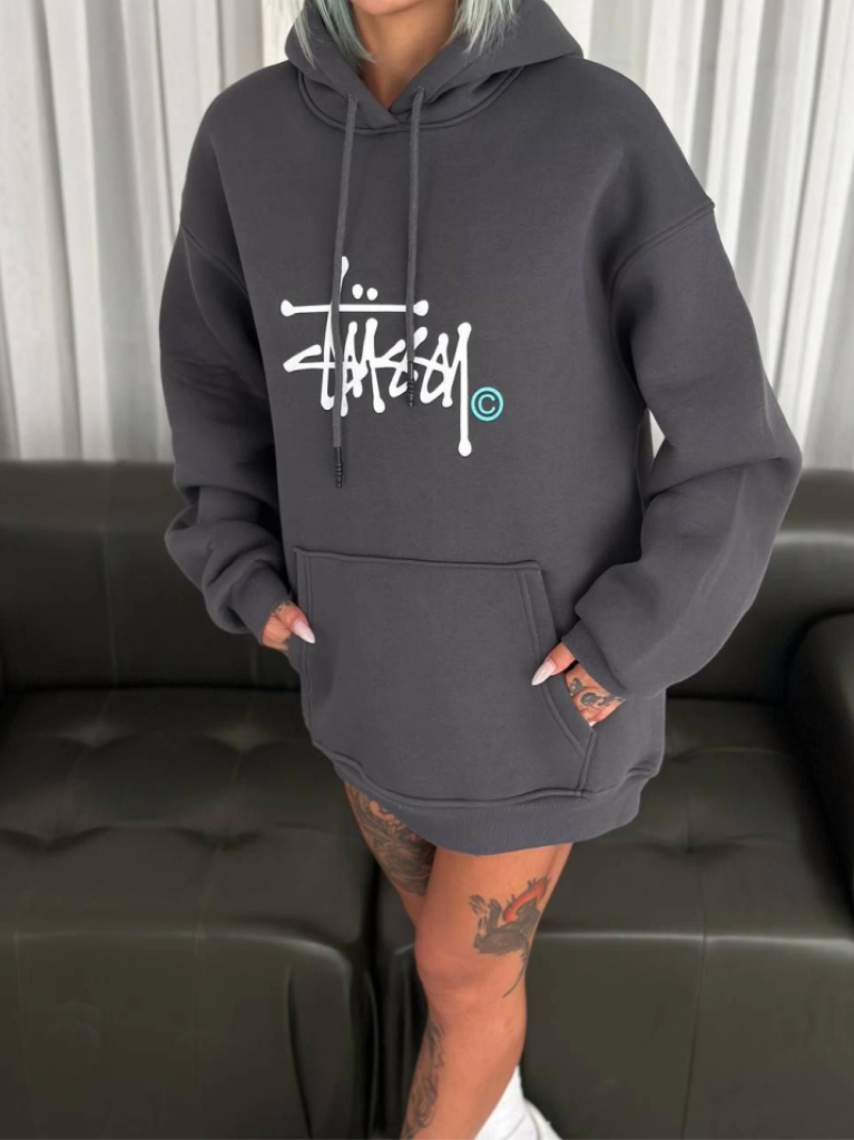 Üç İplik Kapşonlu Baskılı SweatShirt Füme