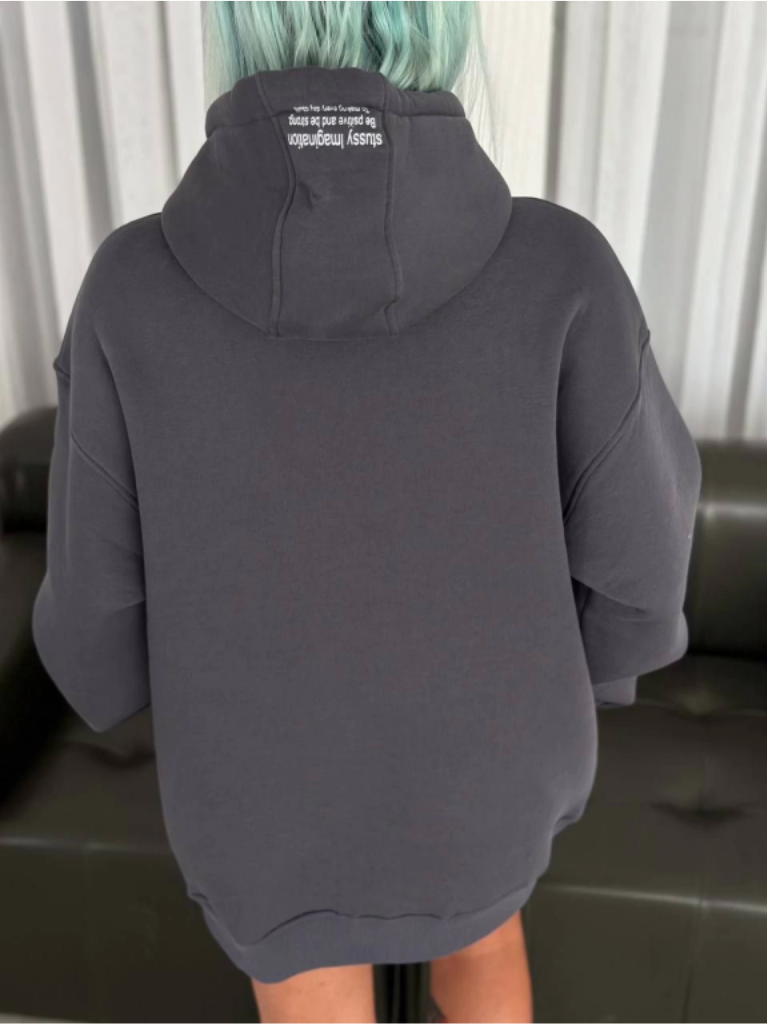 Üç İplik Kapşonlu Baskılı SweatShirt Füme