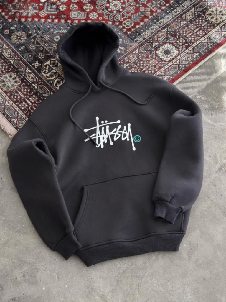 Üç İplik Kapşonlu Baskılı SweatShirt Füme