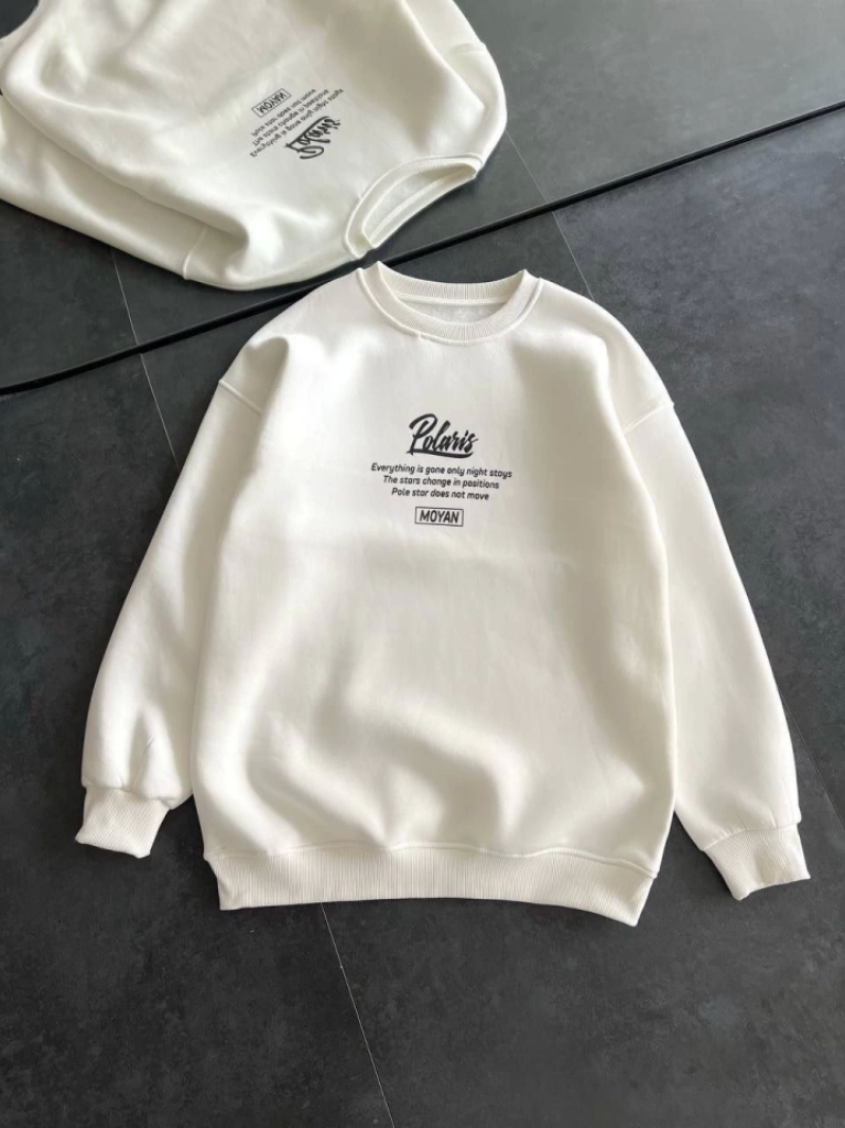 Kışlık Bisiklet Yaka Ön Ve Arka Baskılı SweatShirt Beyaz