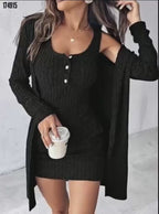 Kadın askılı yuvarlak yakalı önü düğmeli şardonlu kaşkorse mini elbise ve kısa ceket