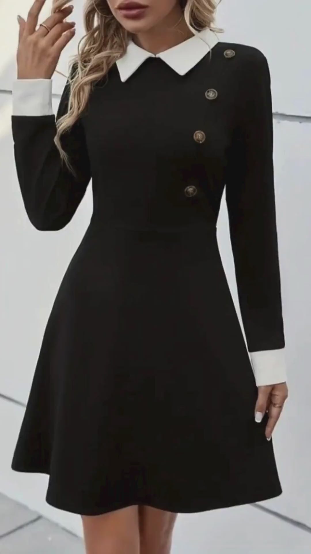 Kadın uzun kollu yakalı düğmeli mürdüm modal mini elbise