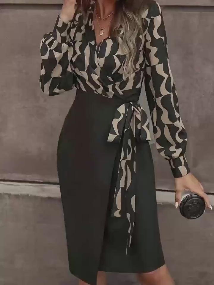 Kadın uzun kollu kruvaze yaka dijital baskılı fiyonk detay atlas kumaş elbise
